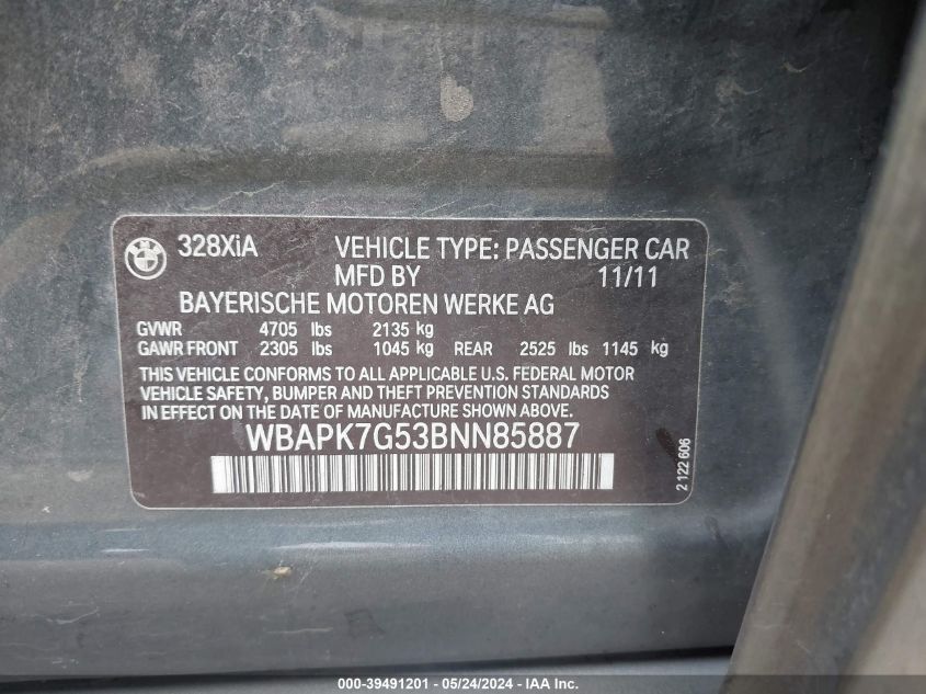 2011 BMW 328I xDrive VIN: WBAPK7G53BNN85887 Lot: 39491201