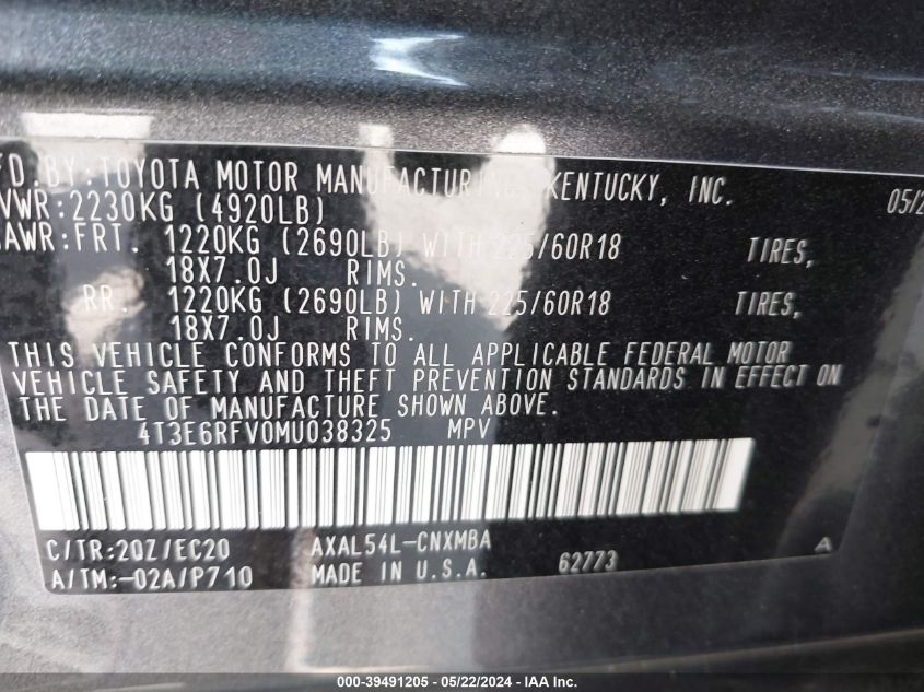 2021 Toyota Rav4 Xse Hybrid VIN: 4T3E6RFV0MU038325 Lot: 39491205