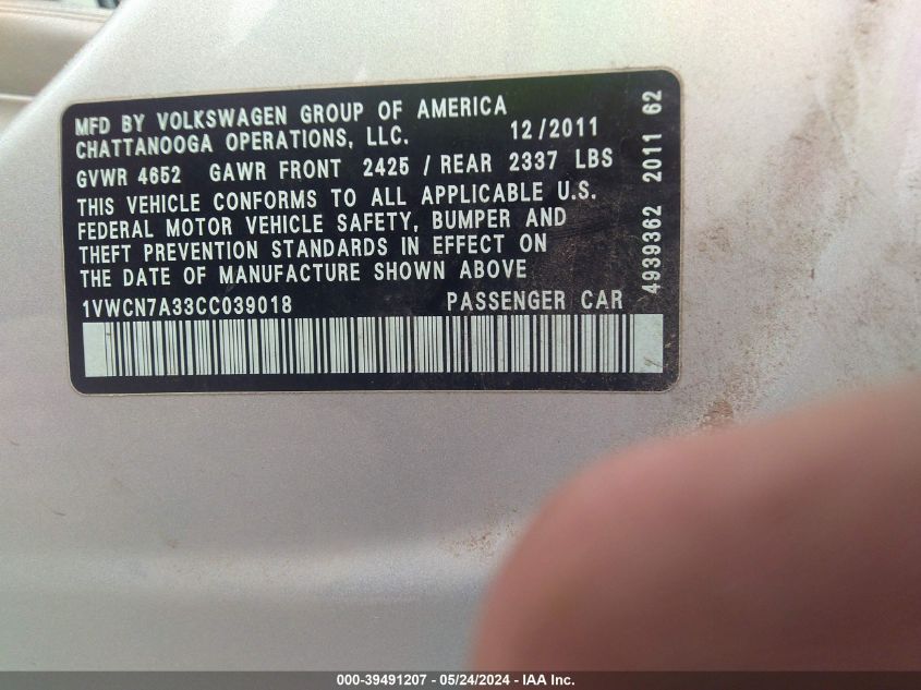 2012 Volkswagen Passat 2.0L Tdi Sel Premium VIN: 1VWCN7A33CC039018 Lot: 39491207