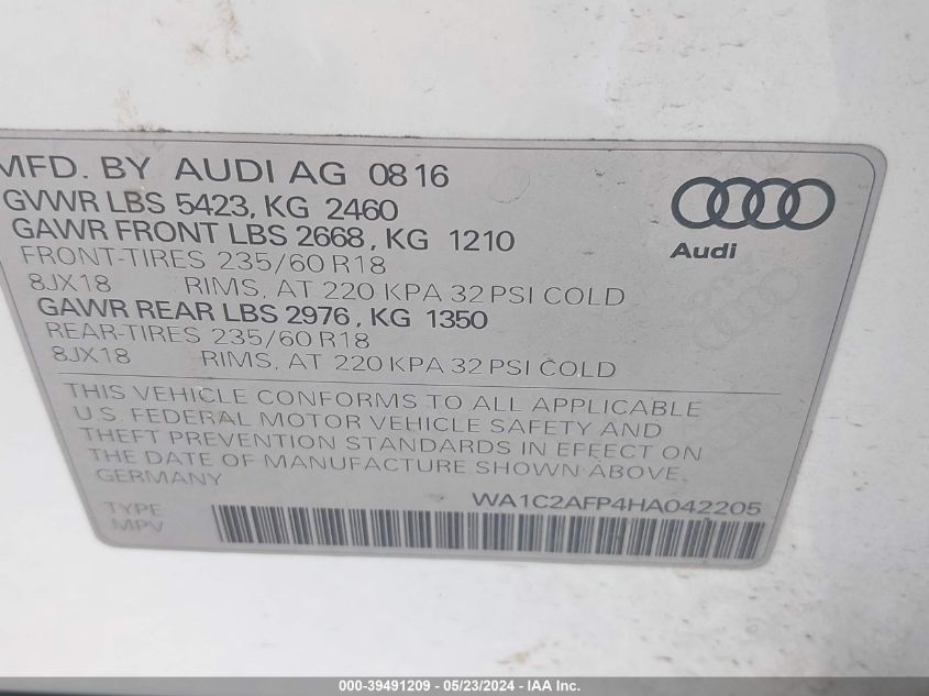 2017 Audi Q5 2.0T Premium VIN: WA1C2AFP4HA042205 Lot: 39491209