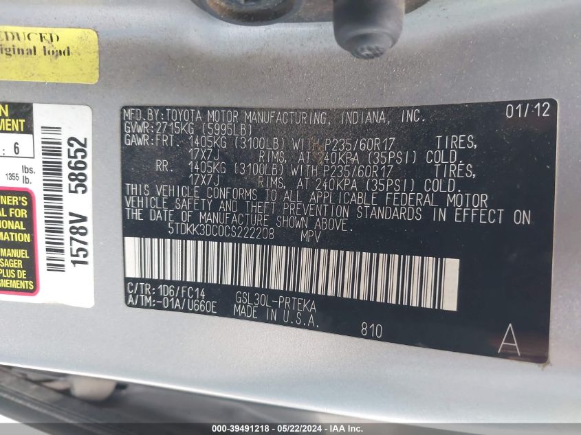 2012 Toyota Sienna Le V6 8 Passenger VIN: 5TDKK3DC0CS222208 Lot: 39491218