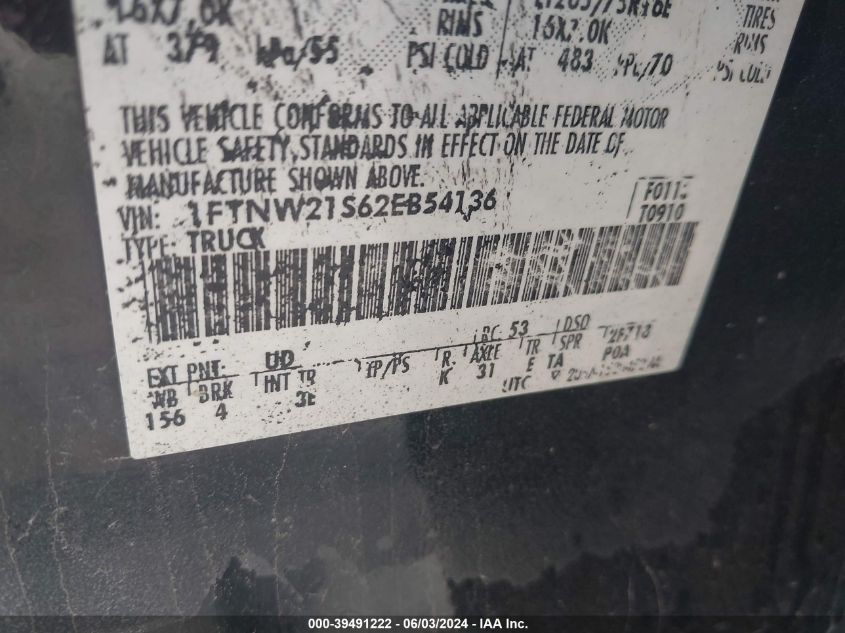 2002 Ford F-250 Lariat/Xl/Xlt VIN: 1FTNW21S62EB54136 Lot: 39491222