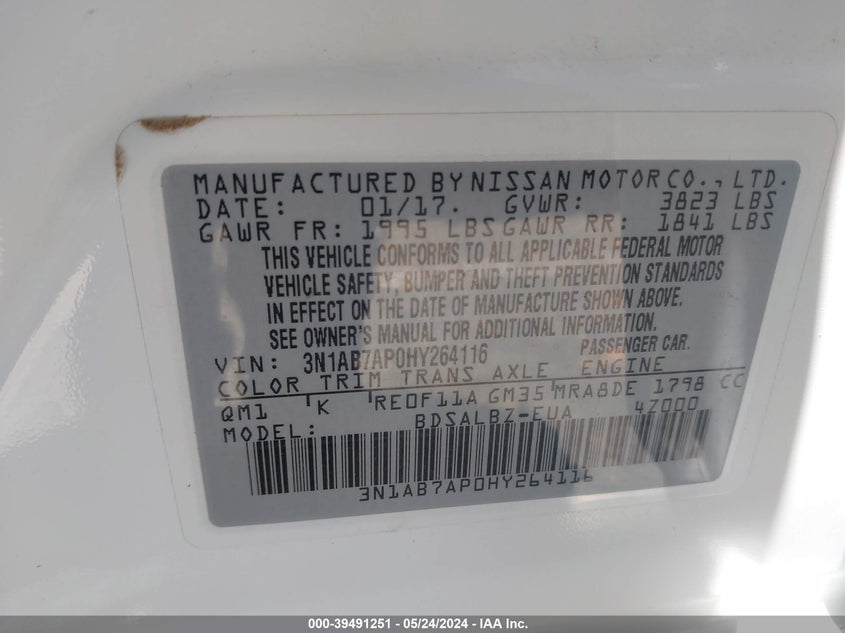 2017 Nissan Sentra S VIN: 3N1AB7AP0HY264116 Lot: 39491251