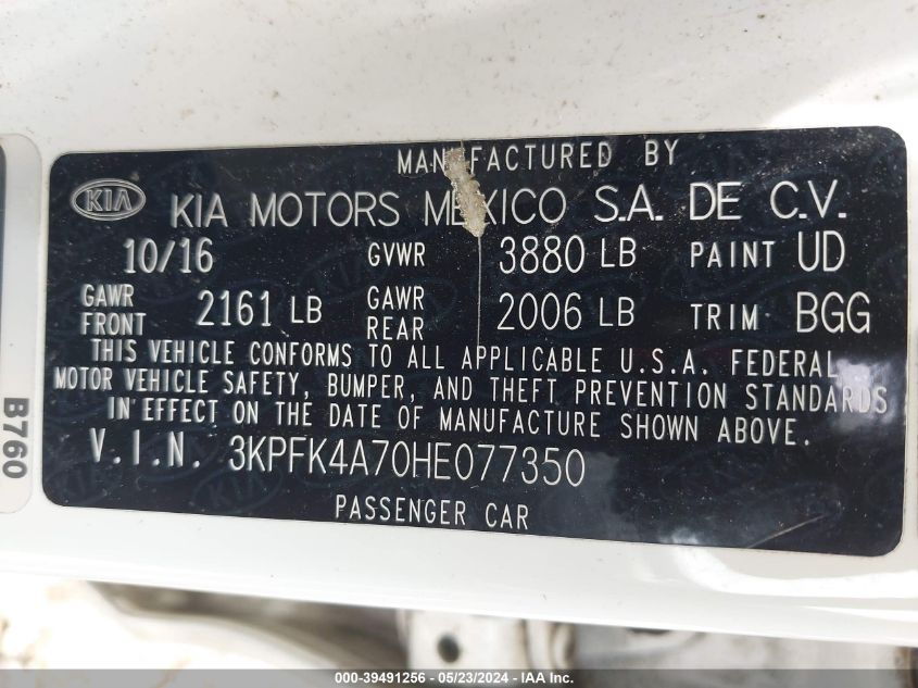 2017 Kia Forte Lx VIN: 3KPFK4A70HE077350 Lot: 39491256