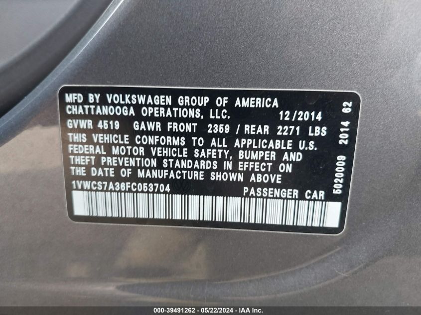 2015 Volkswagen Passat 1.8T Sel Premium VIN: 1VWCS7A36FC053704 Lot: 39491262