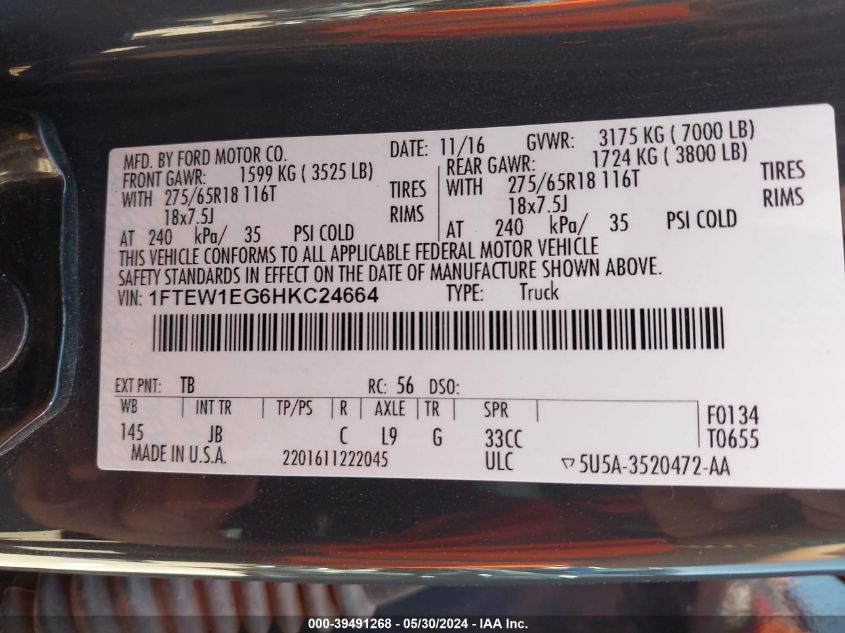2017 Ford F150 Supercrew VIN: 1FTEW1EG6HKC24664 Lot: 39491268