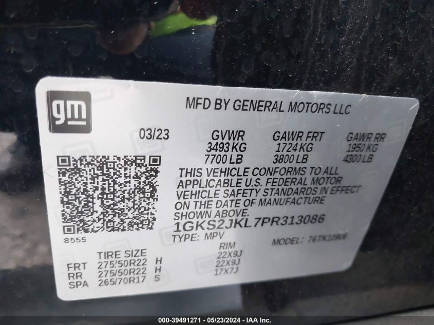2023 GMC Yukon Xl 4Wd Denali VIN: 1GKS2JKL7PR313086 Lot: 39491271