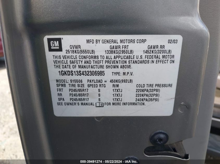 2003 GMC Envoy Slt VIN: 1GKDS13S432306985 Lot: 39491274