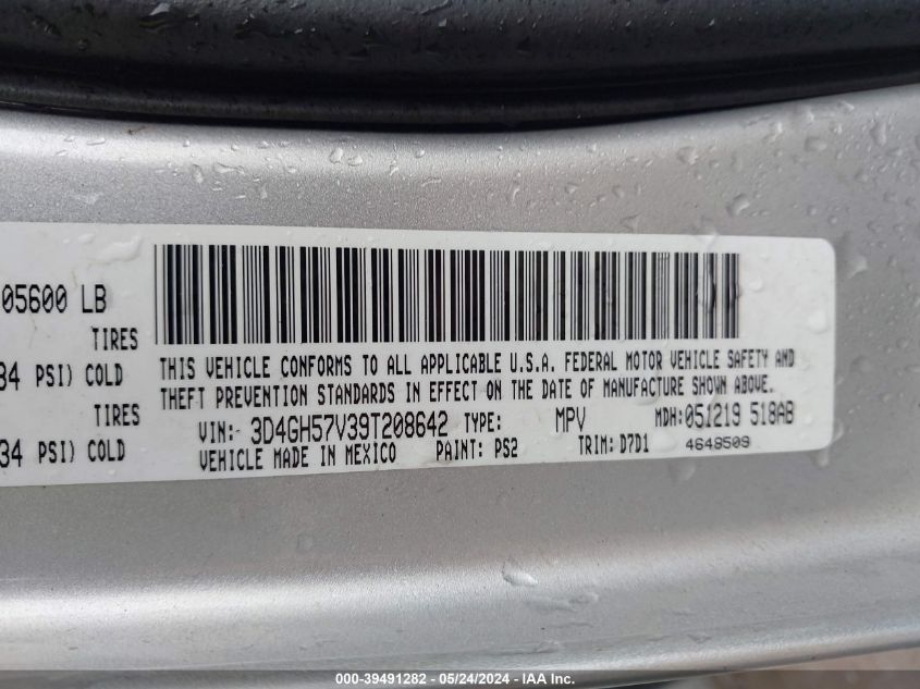 2009 Dodge Journey Sxt VIN: 3D4GH57V39T208642 Lot: 39491282