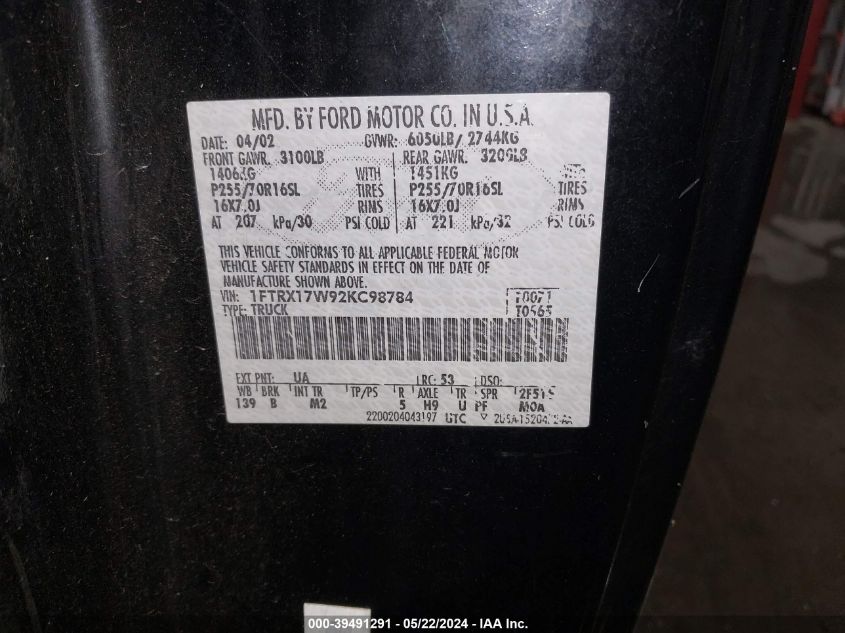 2002 Ford F-150 Lariat/Xl/Xlt VIN: 1FTRX17W92KC98784 Lot: 39491291