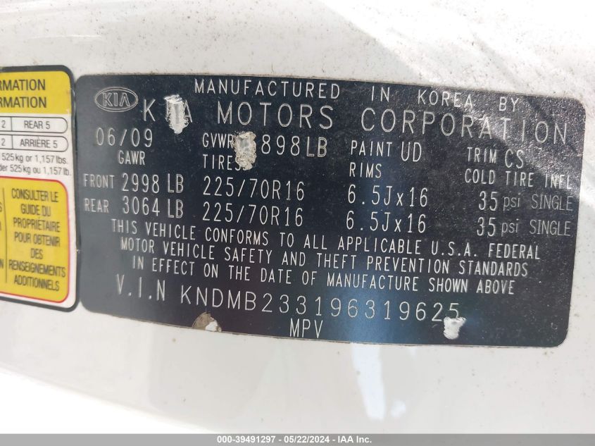 2009 Kia Sedona Lx VIN: KNDMB233196319625 Lot: 39491297