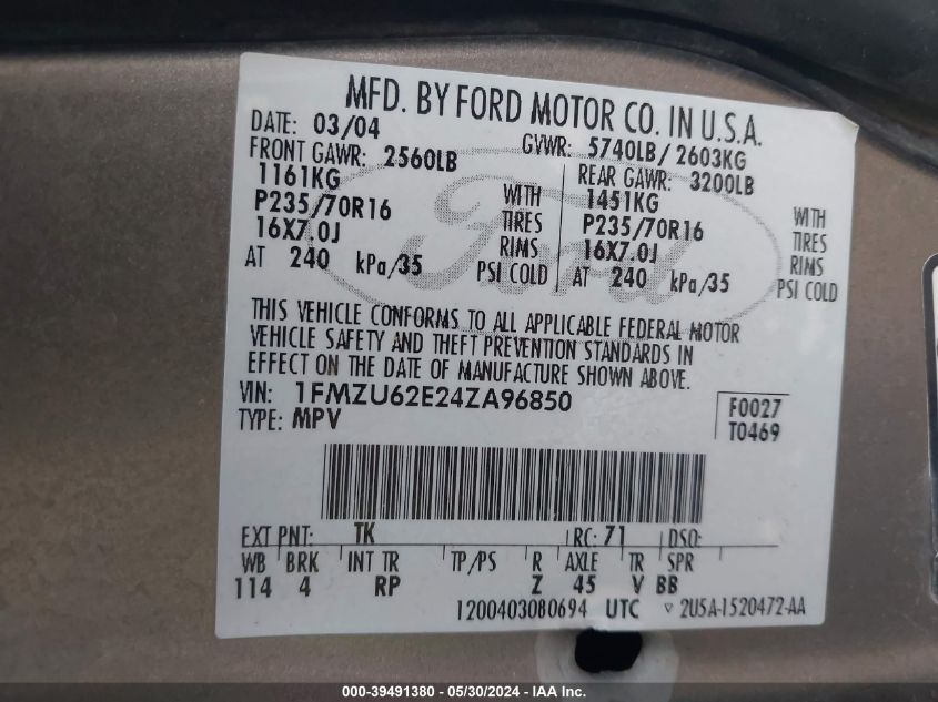 2004 Ford Explorer Xls/Xls Sport VIN: 1FMZU62E24ZA96850 Lot: 39491380