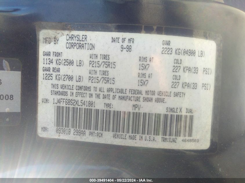 1999 Jeep Cherokee Classic/Sport VIN: 1J4FF68S2XL541801 Lot: 39491404