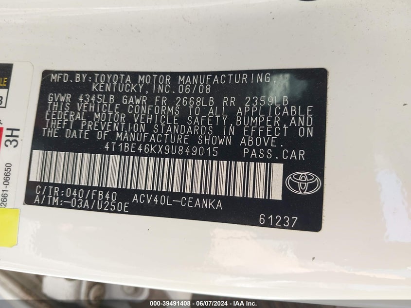 2009 Toyota Camry Le VIN: 4T1BE46KX9U849015 Lot: 39491408