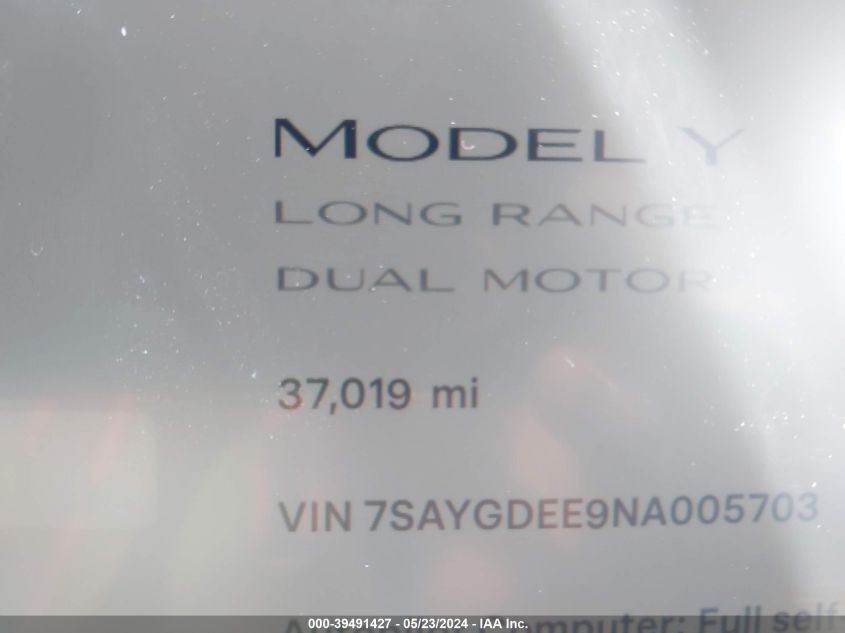 2022 Tesla Model Y Long Range Dual Motor All-Wheel Drive VIN: 7SAYGDEE9NA005703 Lot: 39491427