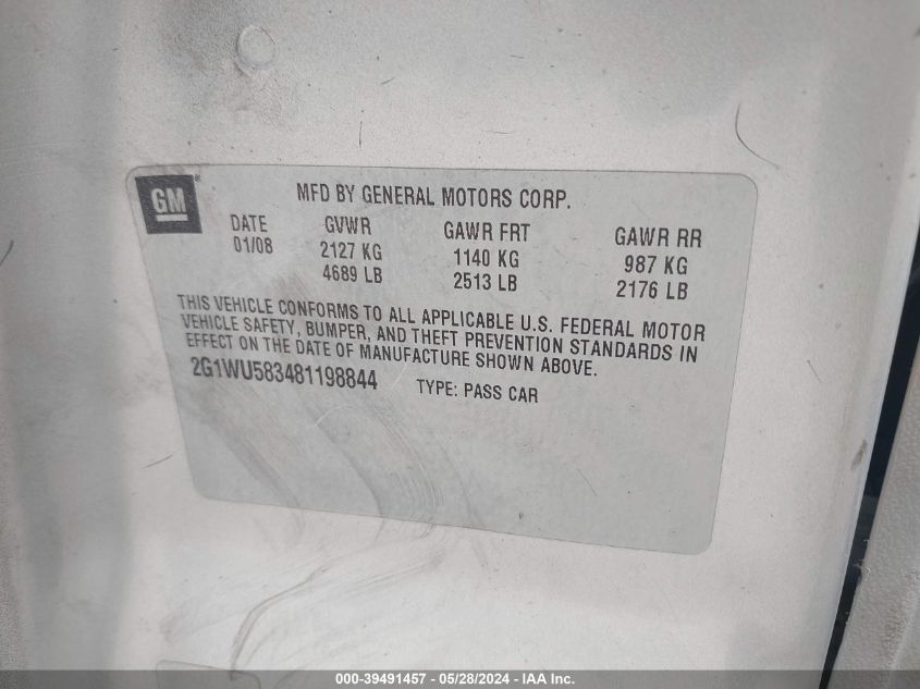 2008 Chevrolet Impala Ltz VIN: 2G1WU583481198844 Lot: 39491457