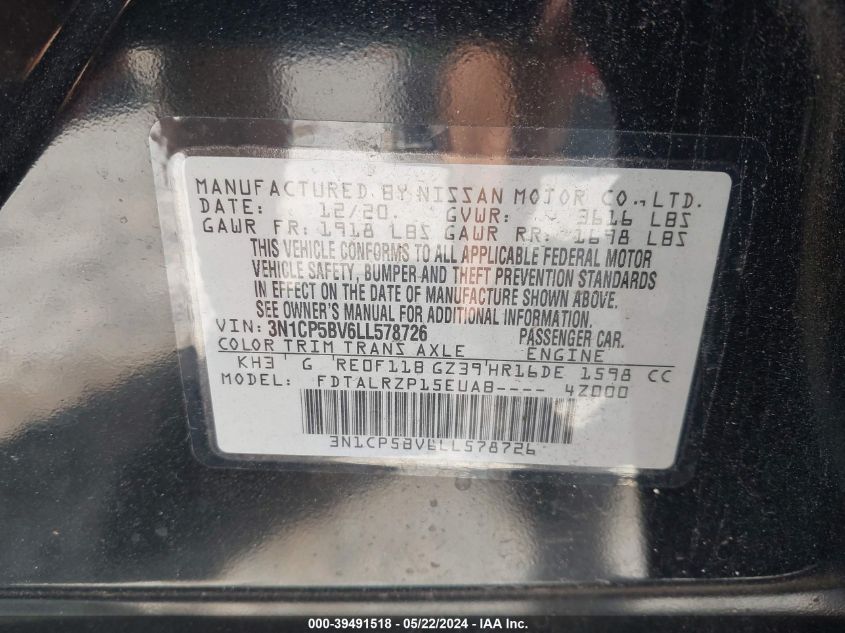 2020 Nissan Kicks S Xtronic Cvt VIN: 3N1CP5BV6LL578726 Lot: 39491518