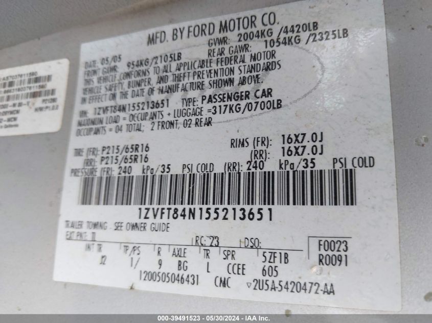 2005 Ford Mustang VIN: 1ZVFT84N155213651 Lot: 39491523