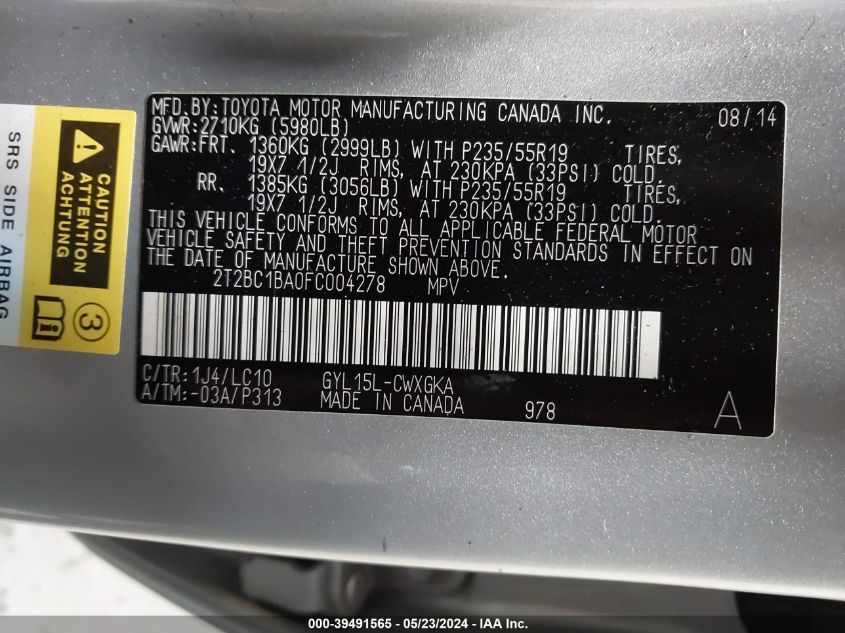 2015 Lexus Rx 450H VIN: 2T2BC1BA0FC004278 Lot: 39491565