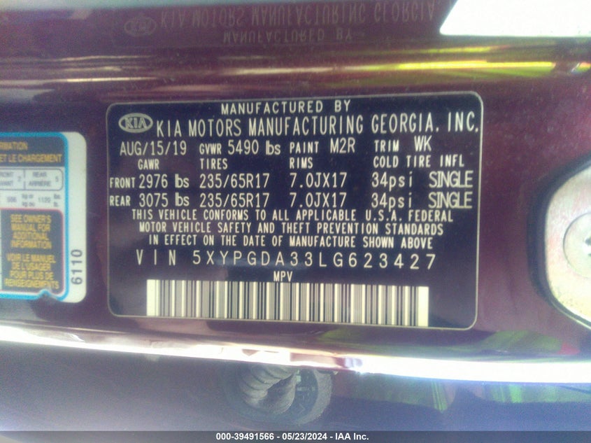 2020 Kia Sorento 2.4L Lx VIN: 5XYPGDA33LG623427 Lot: 39491566