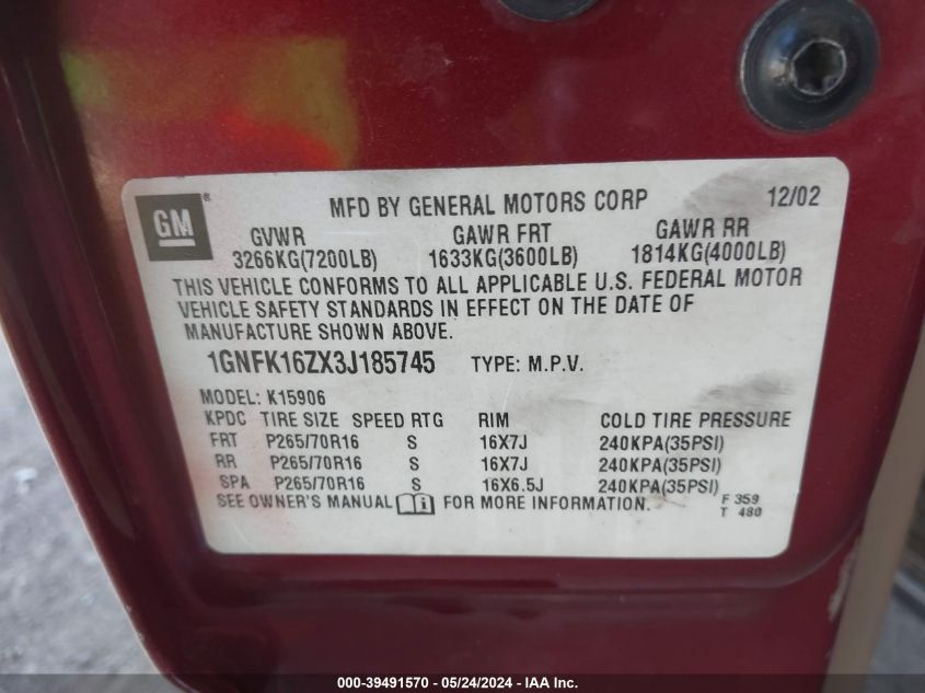 2003 Chevrolet Suburban 1500 Lt VIN: 1GNFK16ZX3J185745 Lot: 39491570