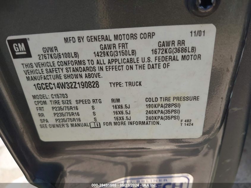 2002 Chevrolet Silverado 1500 VIN: 1GCEC14W32Z190828 Lot: 39491585