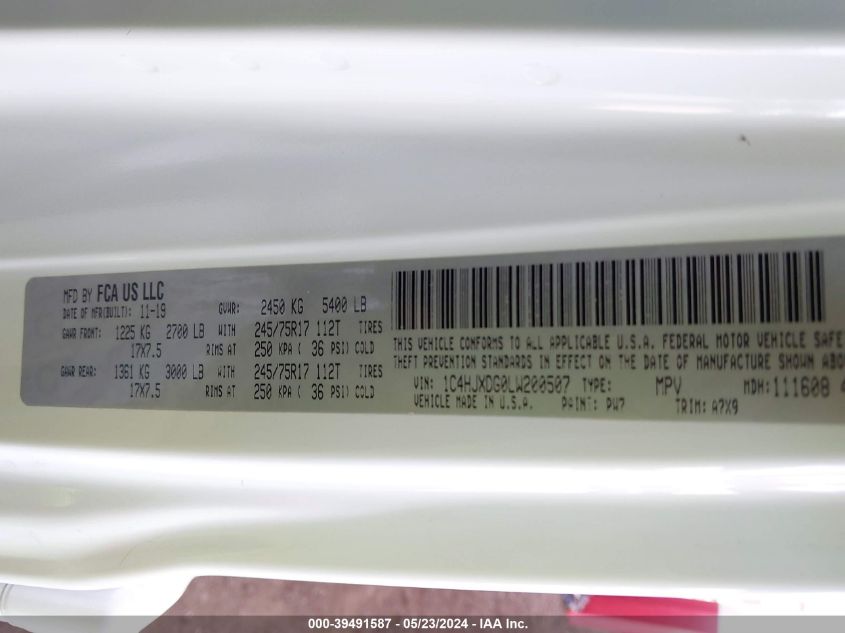 2020 Jeep Wrangler Unlimited Sport 4X4 VIN: 1C4HJXDG0LW200507 Lot: 39491587