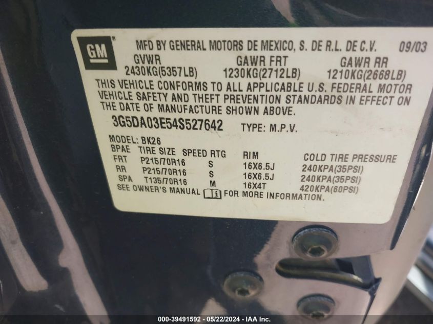 2004 Buick Rendezvous Cx VIN: 3G5DA03E54S527642 Lot: 39491592