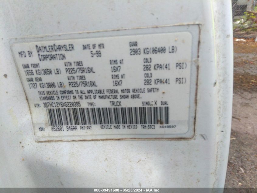 1999 Dodge Ram 1500 St VIN: 3B7HC12Y6XG220395 Lot: 39491600