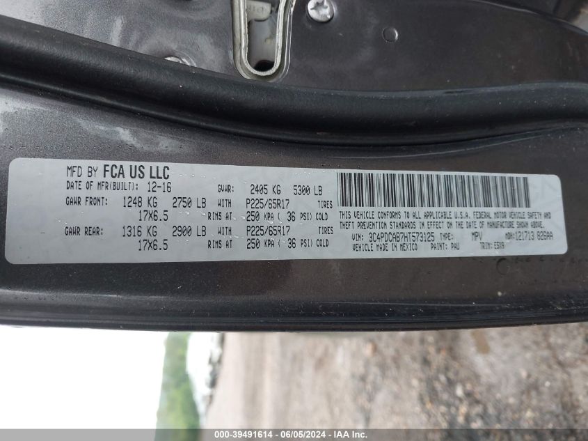 2017 Dodge Journey Se VIN: 3C4PDCAB7HT573125 Lot: 39491614