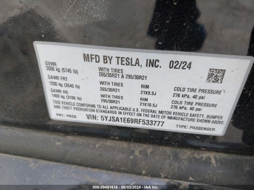 2024 Tesla Model S Plaid Tri Motor All-Wheel Drive VIN: 5YJSA1E69RF533777 Lot: 39491616