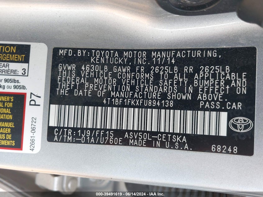 2015 Toyota Camry Se VIN: 4T1BF1FKXFU894138 Lot: 39491619