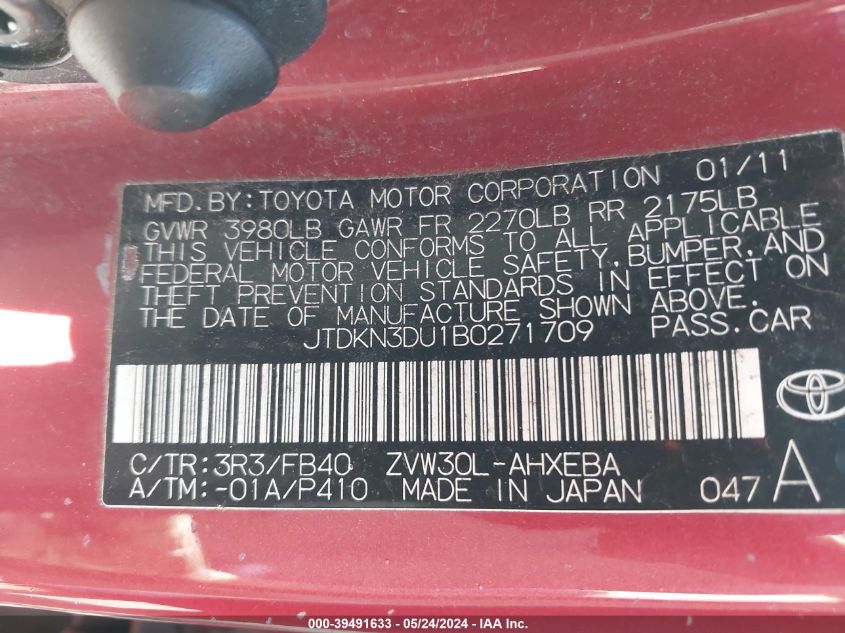 2011 Toyota Prius Two VIN: JTDKN3DU1B0271709 Lot: 39491633