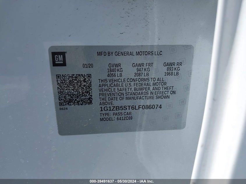 2020 Chevrolet Malibu Fwd Ls VIN: 1G1ZB5ST6LF086074 Lot: 39491637