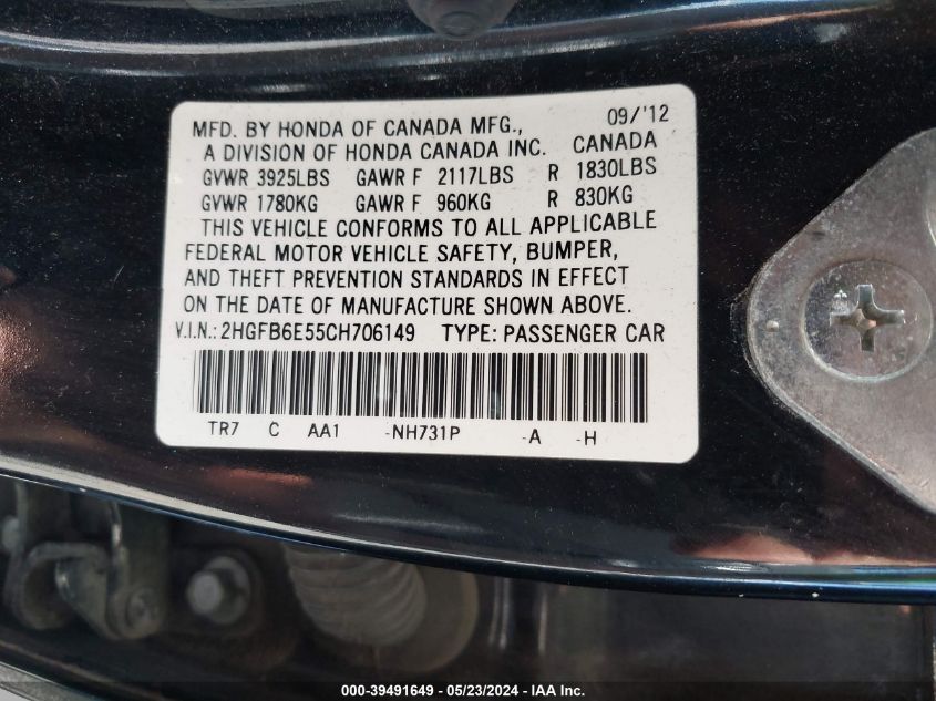 2012 Honda Civic Si VIN: 2HGFB6E55CH706149 Lot: 39491649