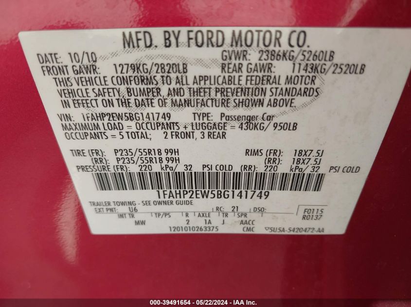 2011 Ford Taurus Sel VIN: 1FAHP2EW5BG141749 Lot: 39491654