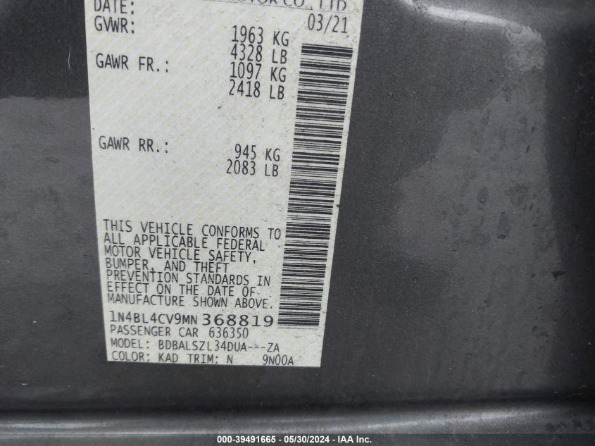 2021 Nissan Altima Sr Fwd VIN: 1N4BL4CV9MN368819 Lot: 39491665