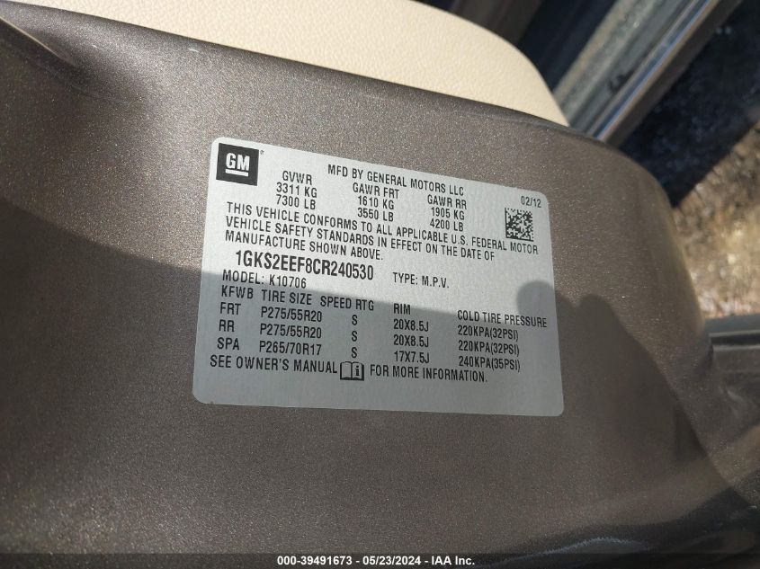2012 GMC Yukon Denali VIN: 1GKS2EEF8CR240530 Lot: 39491673