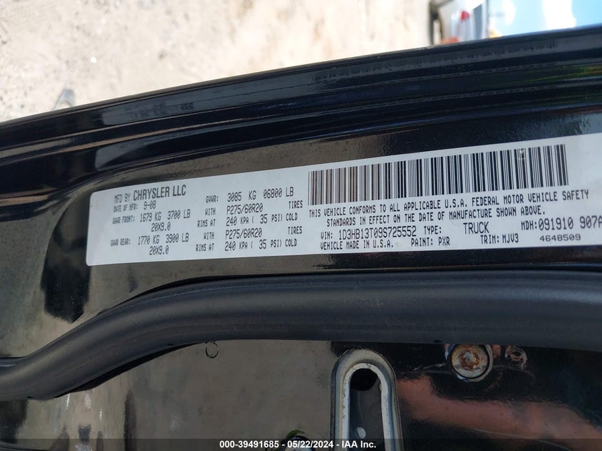2009 Dodge Ram 1500 Slt/Sport/Trx VIN: 1D3HB13T09S725552 Lot: 39491685