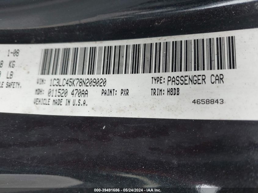 2008 Chrysler Sebring Lx VIN: 1C3LC45K78N209020 Lot: 39491686