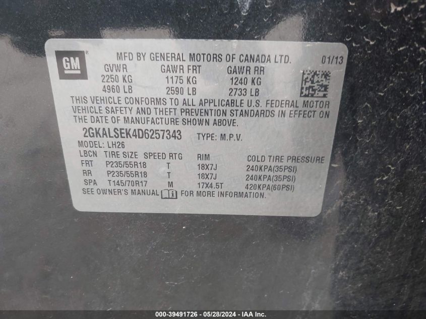2013 GMC Terrain Sle-2 VIN: 2GKALSEK4D6257343 Lot: 39491726