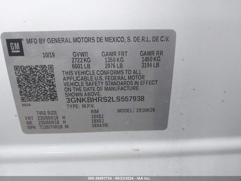 2020 Chevrolet Blazer Awd 2Lt VIN: 3GNKBHRS2LS557938 Lot: 39491734