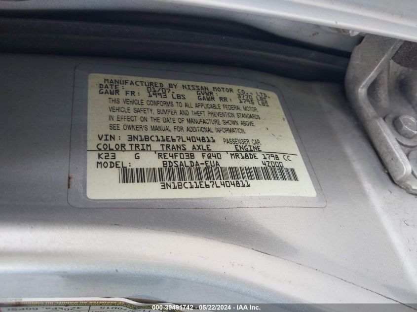 2007 Nissan Versa 1.8S VIN: 3N1BC11E67L404811 Lot: 39491742