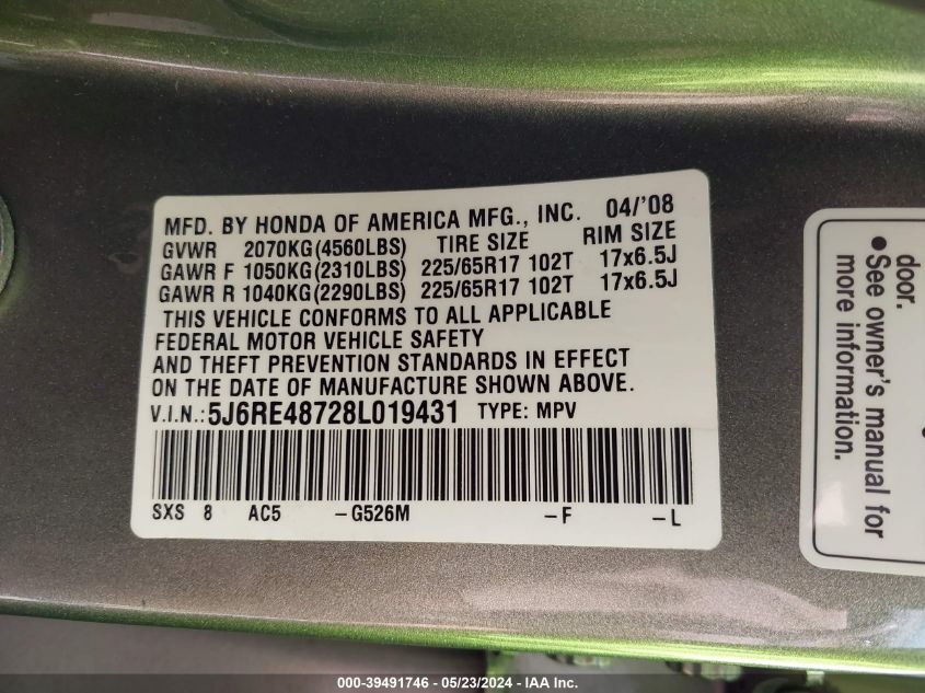 2008 Honda Cr-V Ex-L VIN: 5J6RE48728L019431 Lot: 39491746