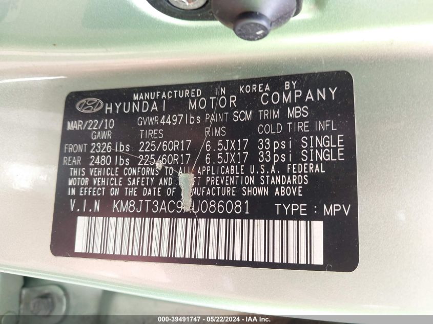 2010 Hyundai Tucson Gls VIN: KM8JT3AC9AU086081 Lot: 39491747