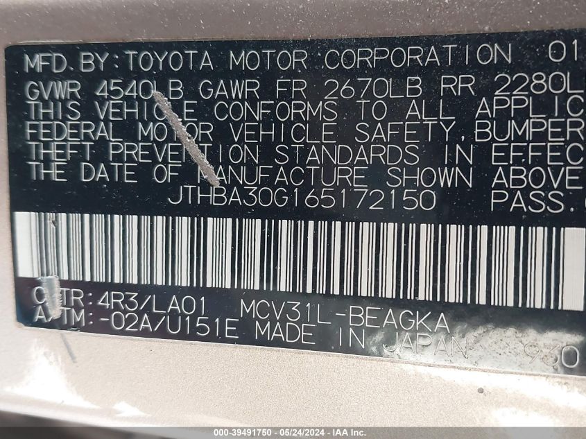 2006 Lexus Es 330 VIN: JTHBA30G165172150 Lot: 39491750