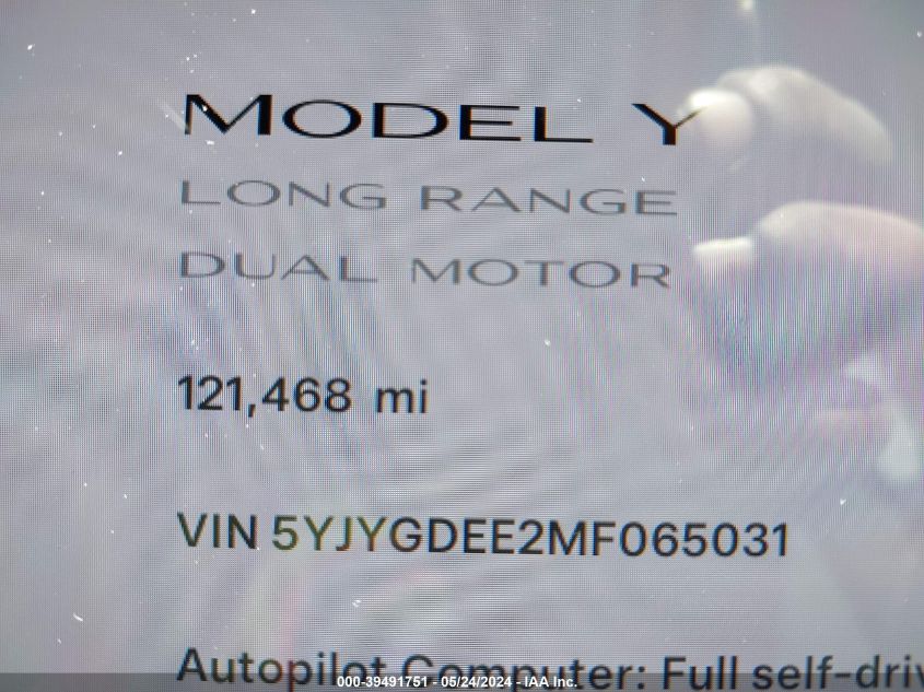 2021 Tesla Model Y Long Range Dual Motor All-Wheel Drive VIN: 5YJYGDEE2MF065031 Lot: 39491751