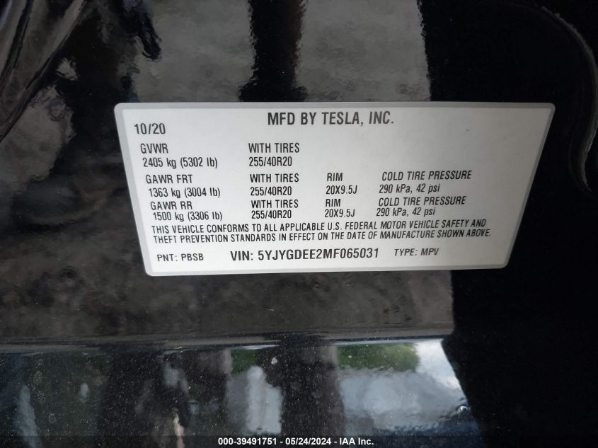 2021 Tesla Model Y Long Range Dual Motor All-Wheel Drive VIN: 5YJYGDEE2MF065031 Lot: 39491751