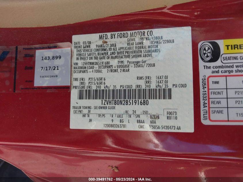 2008 Ford Mustang V6 Deluxe/V6 Premium VIN: 1ZVHT80N285191680 Lot: 39491762