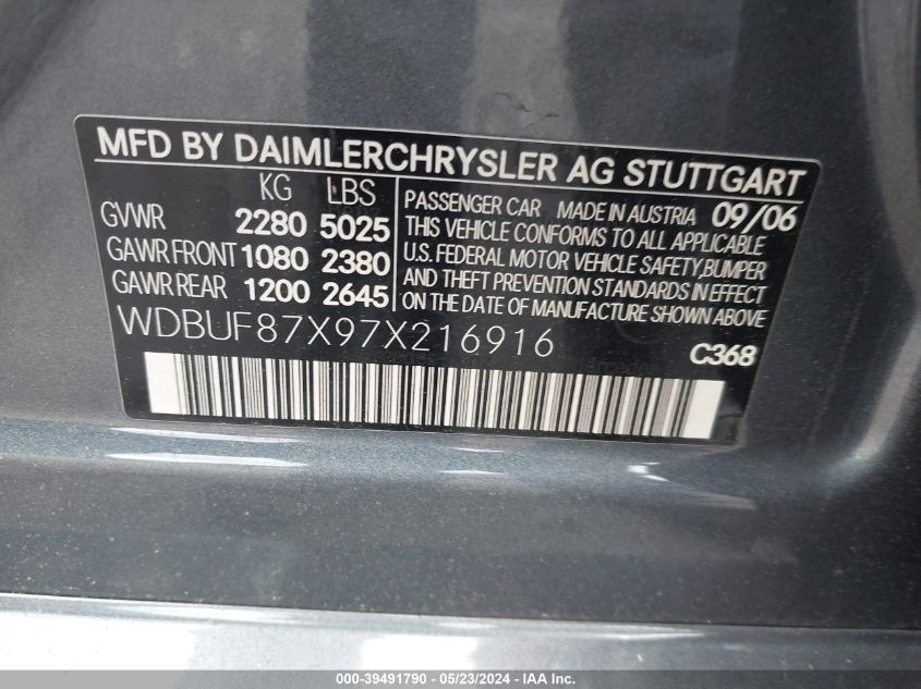 2007 Mercedes-Benz E 350 4Matic VIN: WDBUF87X97X216916 Lot: 39491790